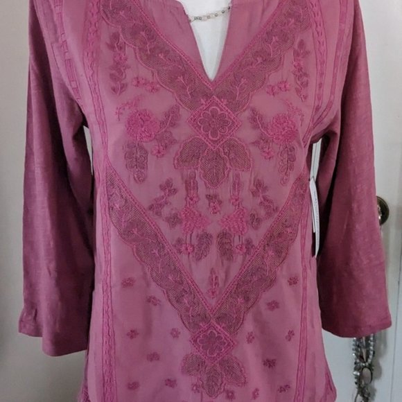 Soft Surroundings Coconut Dreams Mellow Mauve M and S NWT embroidered top $80 - Picture 7 of 8